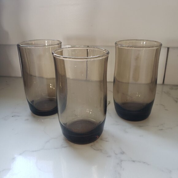 Vintage smoky glass small tulip juice 4 glasses grey brown retro glassware - Picture 3 of 12
